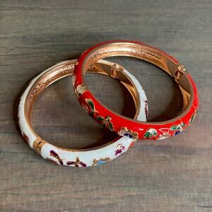 0036 Two Jiu Long Xing Enamel Cloisonne Bangle Clamper Bracelets Red & White EUC